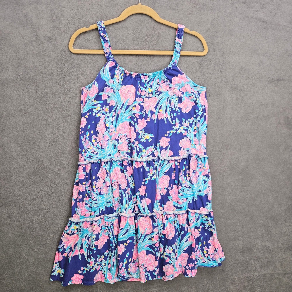 Lilly Pulitzer Blue Floral Tiered Cotton Sundress XS Resort Coastal Preppy